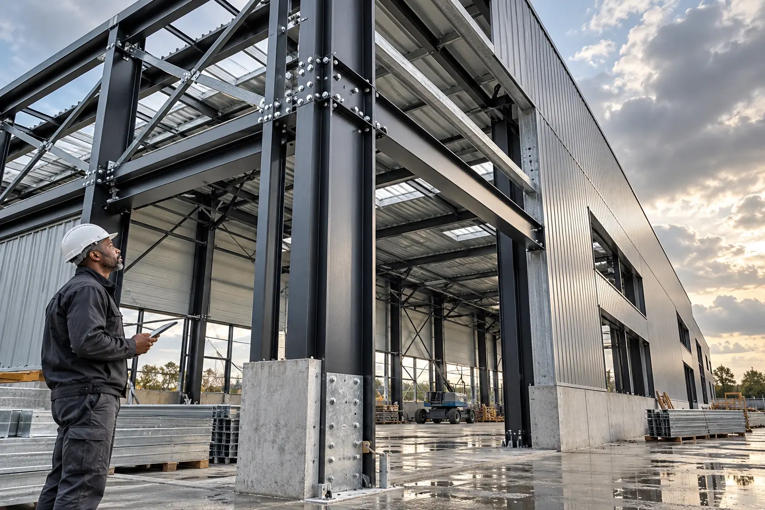 Structure métallique et bardage sur un bâtiment industriel en chantier